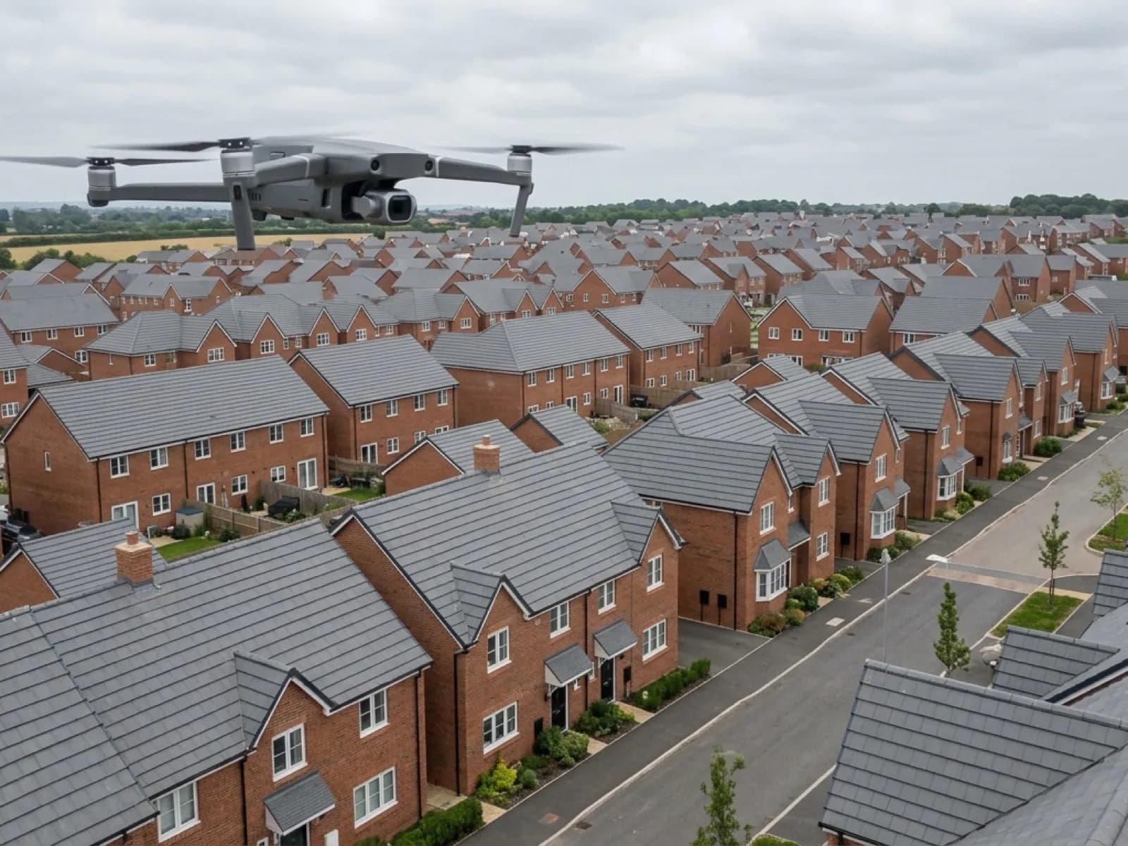 A grey folding survey drone with a gimbal camera hovering above the grey concrete tile roofs of a new build housing estate