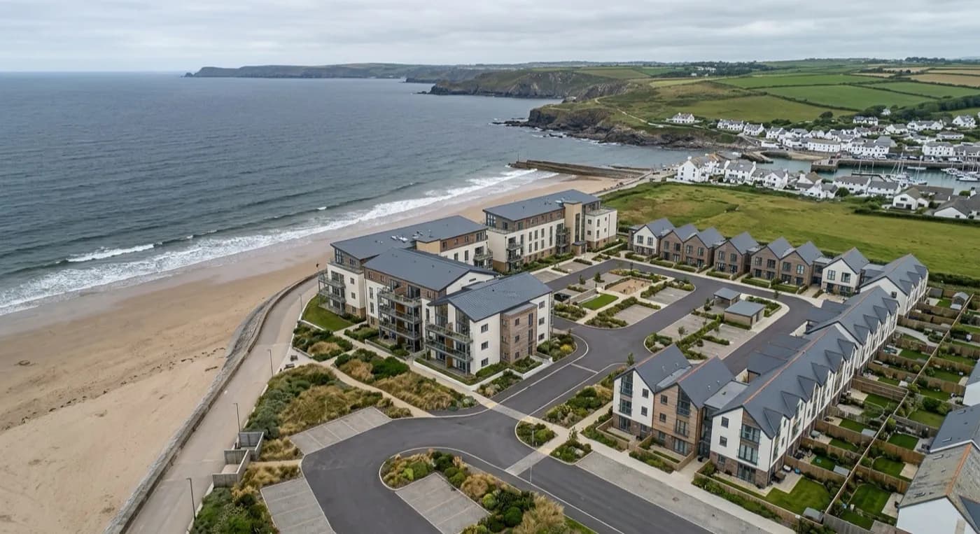 Aerial view of a new build coastal apartment and townhouse development near a South West seafront