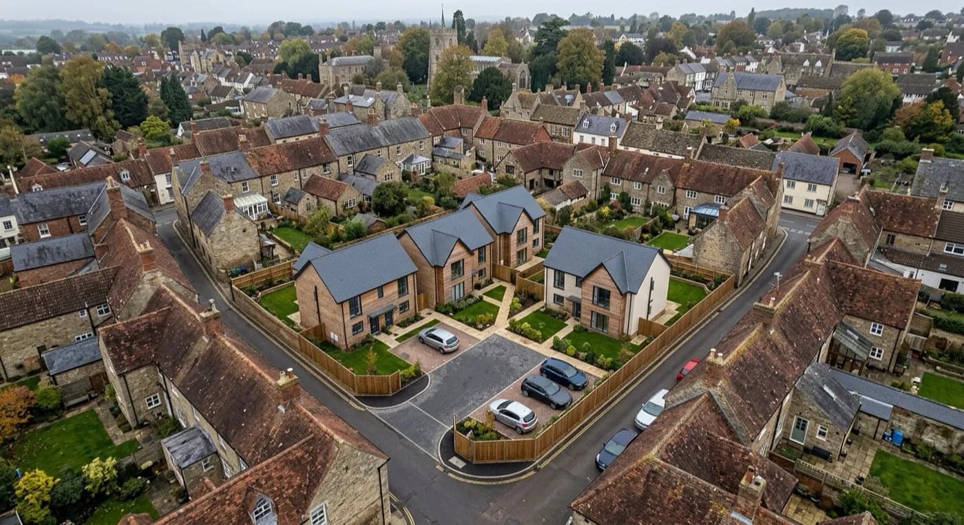 Aerial view of a small cluster of new build homes fitted onto an infill plot among older roofs in a historic town