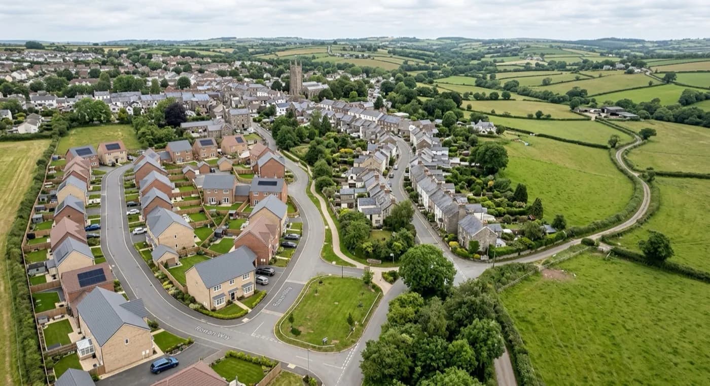 Aerial view of a smaller new build estate on the edge of a Devon market town, backing onto older streets and open fields