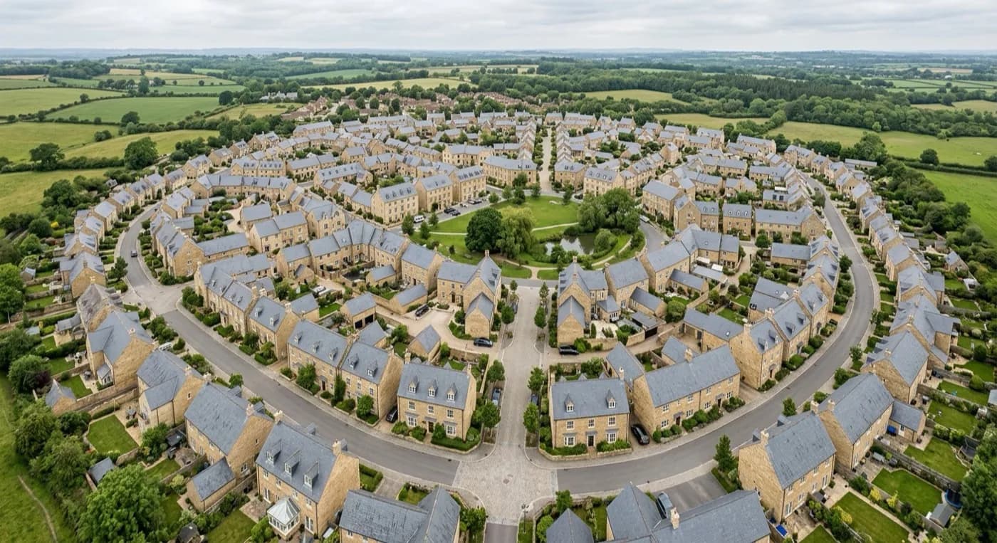 Aerial view of a design-code masterplanned new build neighbourhood with a consistent stone and slate roofscape