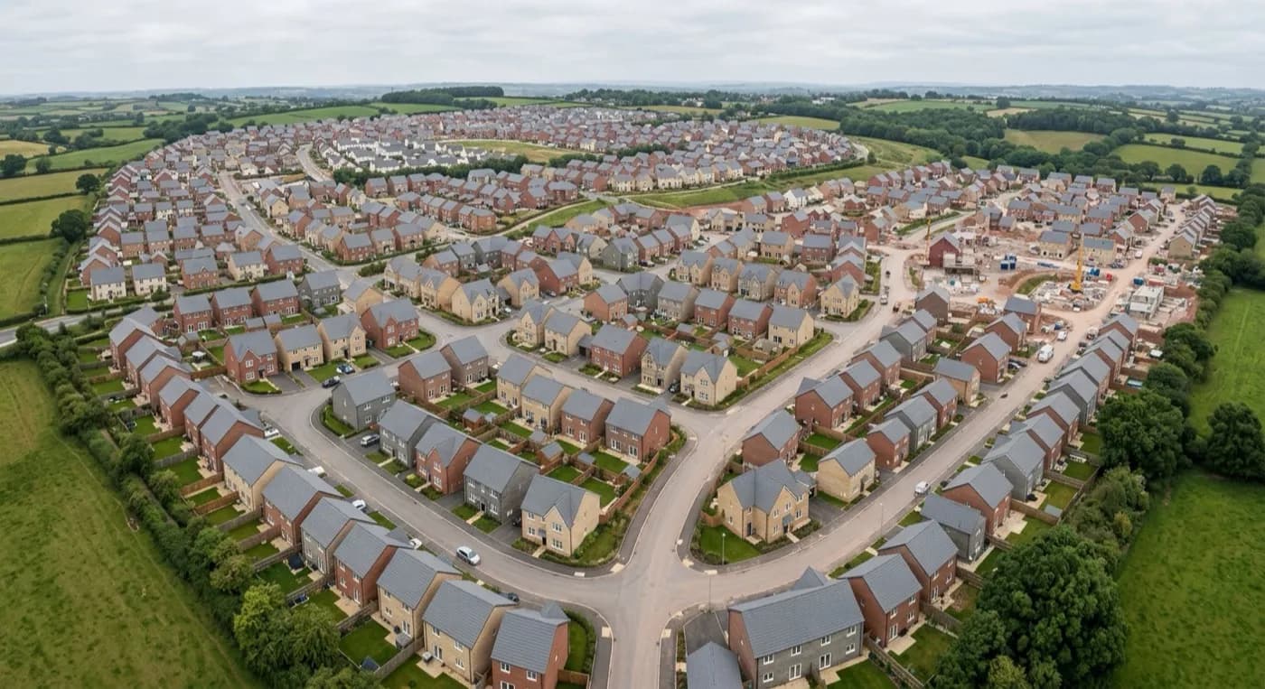 Aerial view over a large multi-phase new build urban extension with hundreds of grey-tiled roofs in repeating rows
