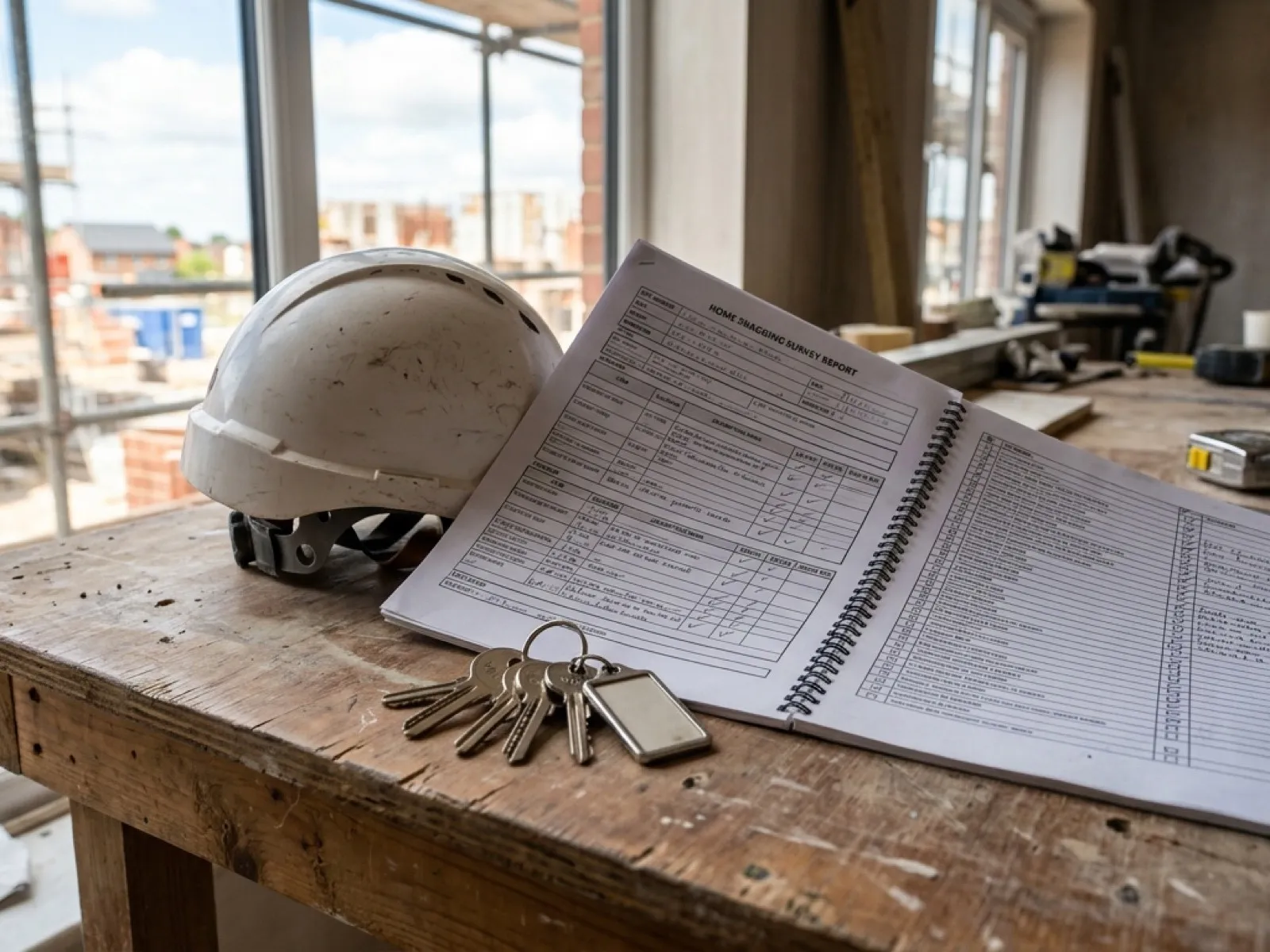 A printed snagging survey report and checklist on a site desk beside a hard hat and a set of house keys