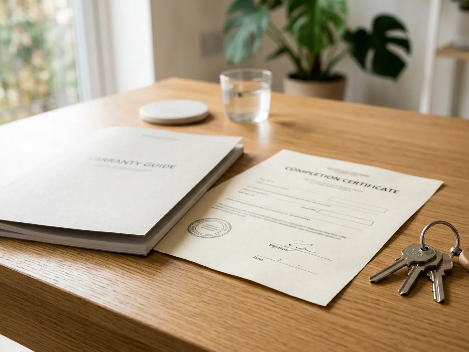 A new build warranty booklet and completion certificate on a desk beside a set of house keys